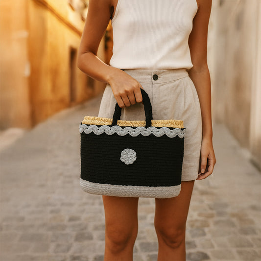 Handcrafted Black Crochet Basket with Gray Accents