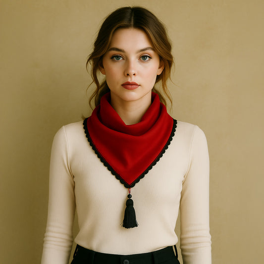 Red Bandana Scarf with Black Lace Trim and Tassel